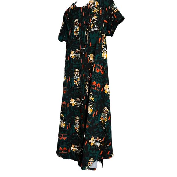 LULAROE SHORT SLEEVE TUNIC DRESS,WOMENS, XS, GREEN-ORANGE YELLOW ABSTRACT HI-LOW - Picture 5 of 10